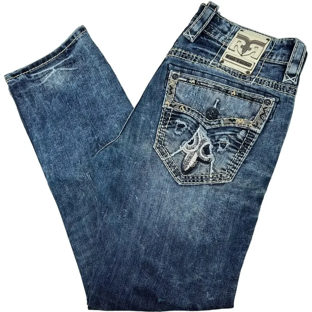 Men's Distressed Rock Revival Pruitt Straight Leg Blue Denim Jeans Embroidered